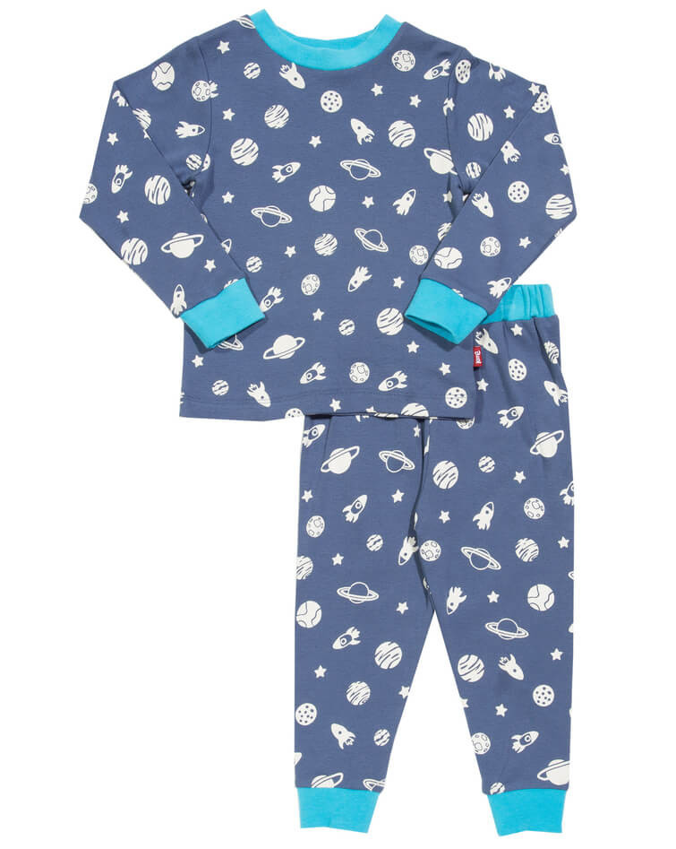 Pyjama coton bio enfant - bleu avec motifs Espace