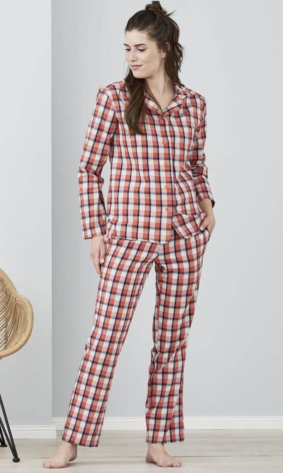tarwe Observatie badge Pyjama chaud en flanelle de coton bio pour femme - tissu à carreaux