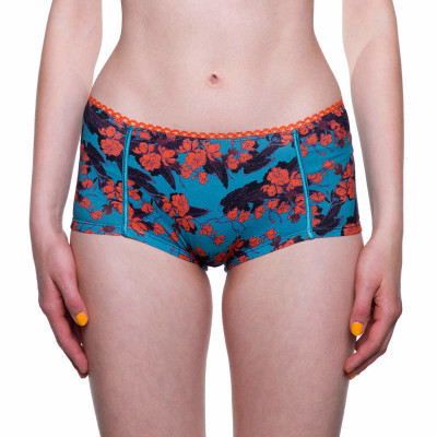 Shorty coton bio femme imprimé fleurs oranges sur fond bleu