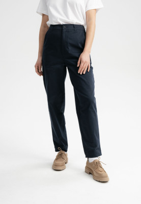 Pantalon classique taille haute en twill de coton bio bleu marine